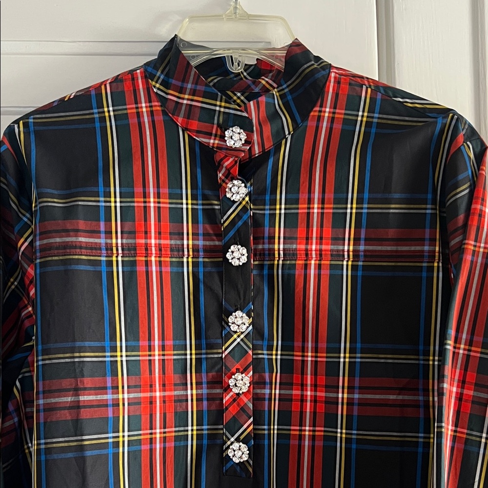 J. Crew Red and Black Plaid Blouse with Jewel Accents